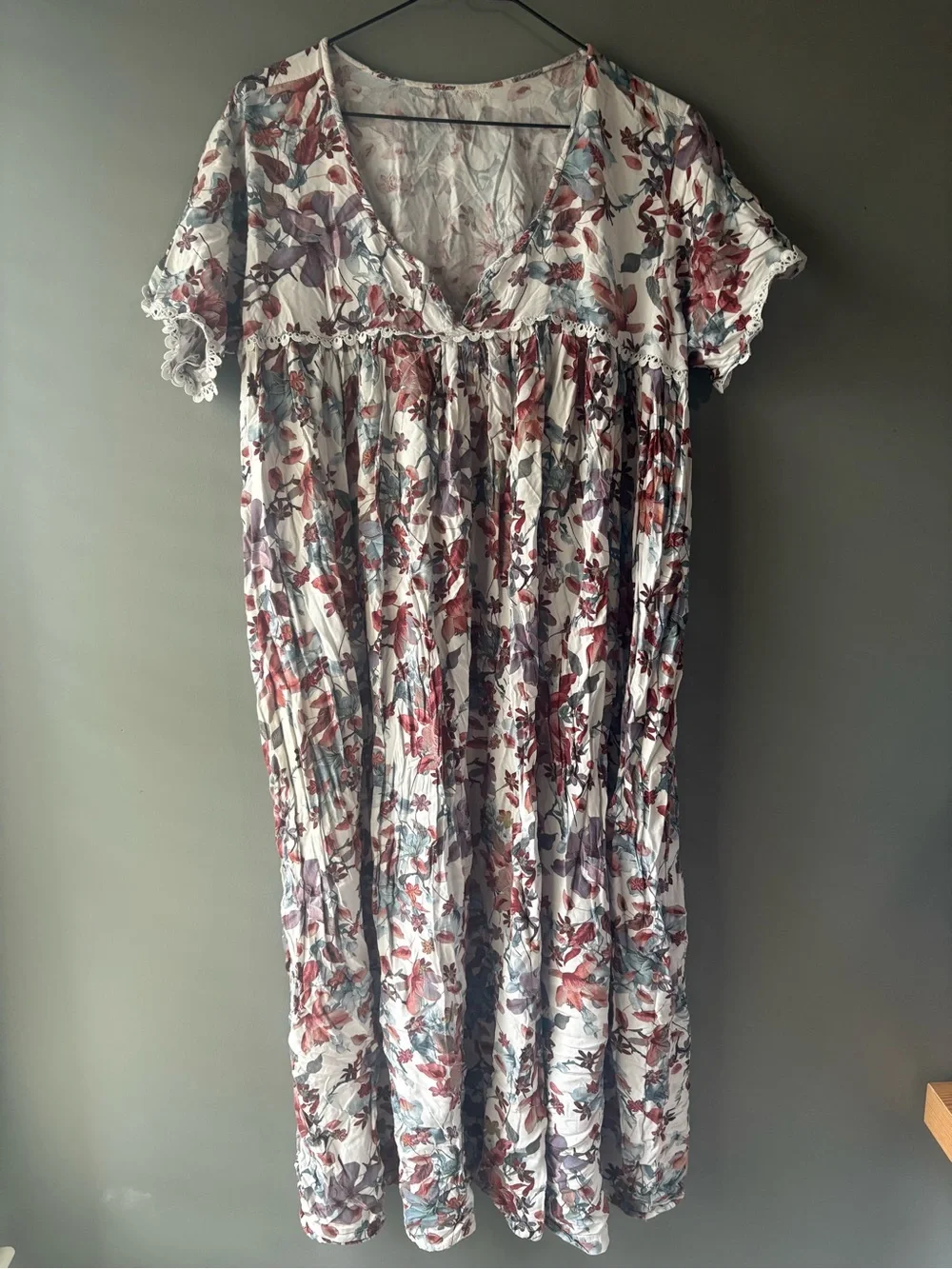 Boho Floral Babydoll Dress Cottagecore Lace Trim Flowy Midi/Lounge Dress - Picture 2 of 6
